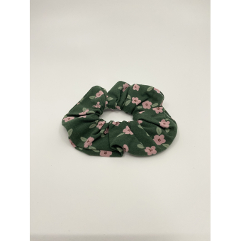 Scrunchie groen met roze bloemen